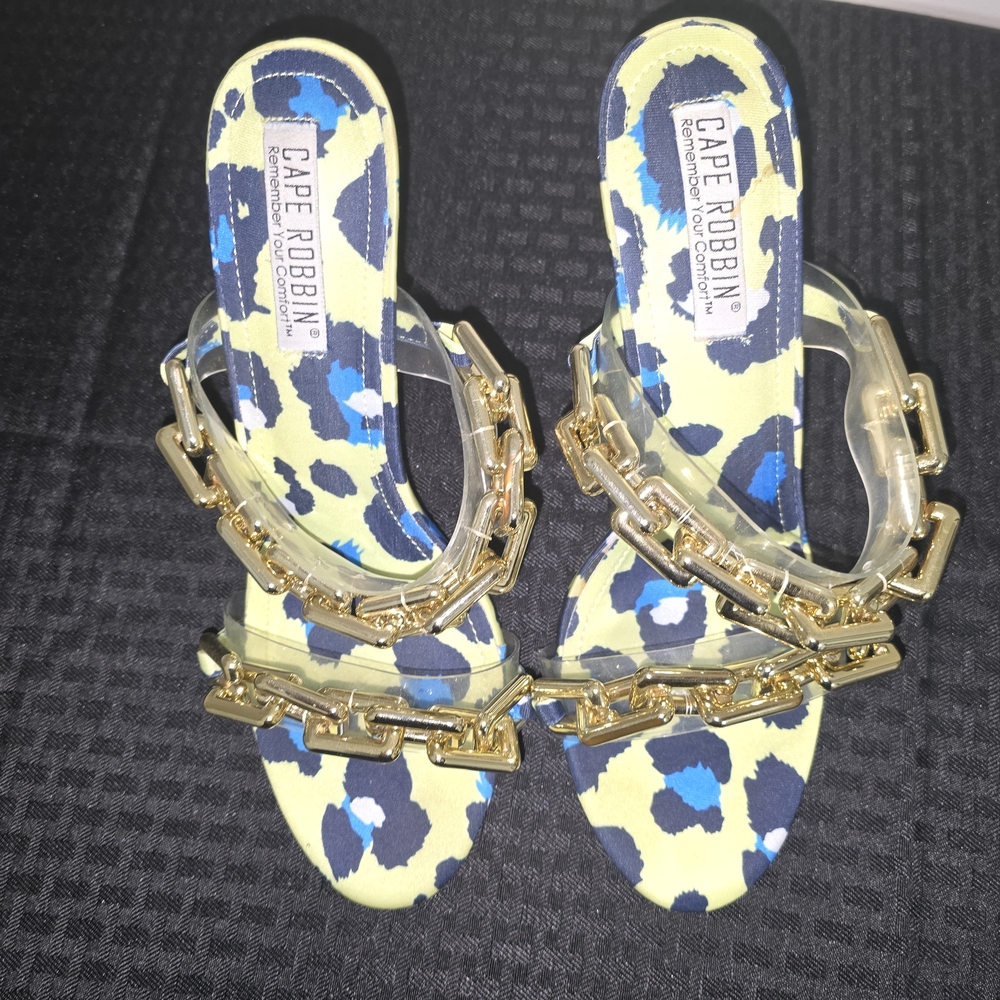 Blue and Yellow Animal Print Heels with Gold Accents